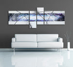 Image of a 4 panel modern abstract painting, made up of light purple, white, black and light blue. Image of a 4 panel modern abstract painting, made up of red, white, black, light blue, orange, green and light purple. The painting is on a grey wall above a white couch.