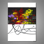 A modern abstract painting featuring the colours red, black, yellow, purple and white.