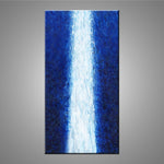 A modern abstract painting featuring the colours blue and white.