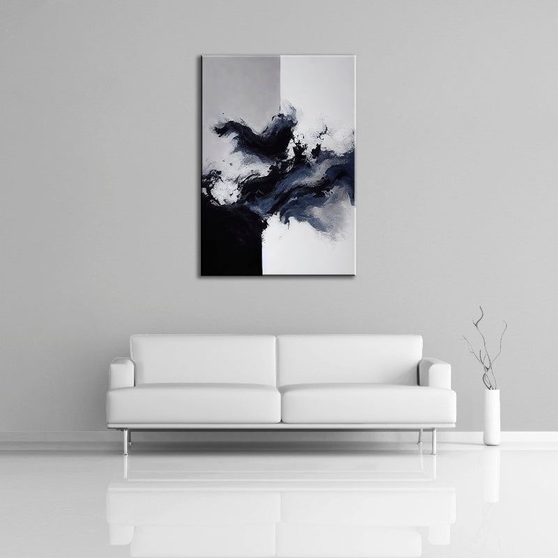 A modern abstract painting featuring the colours black, blue, gray and white. Displayed over a couch.