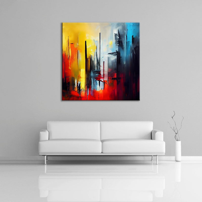 A modern abstract painting featuring the colours black, blue, gray and white. Displayed over a couch.