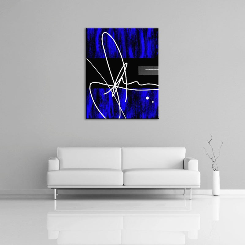 A modern abstract painting featuring the colours silver, gray, black and white. Displayed over a couch.