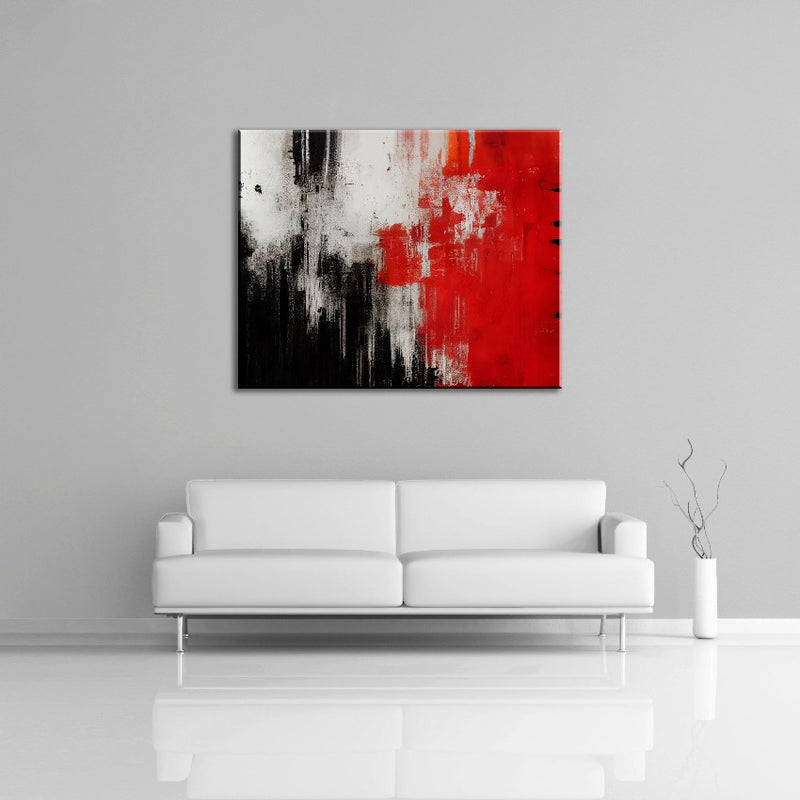 A modern abstract painting featuring the colours red, black and cream. Displayed over a couch.