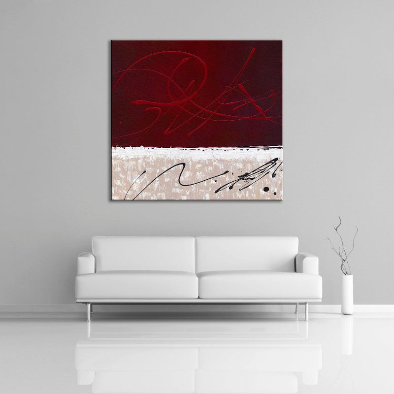 A modern abstract painting featuring the colours burgundy, cream, and black. Displayed over a couch.