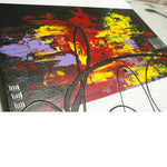 A modern abstract painting featuring the colours red, black, yellow, purple and white.