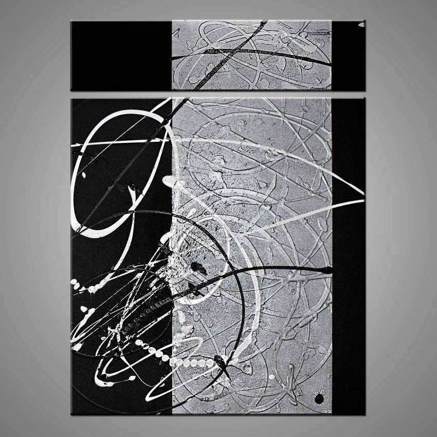 An abstract painting featuring black and silver colours