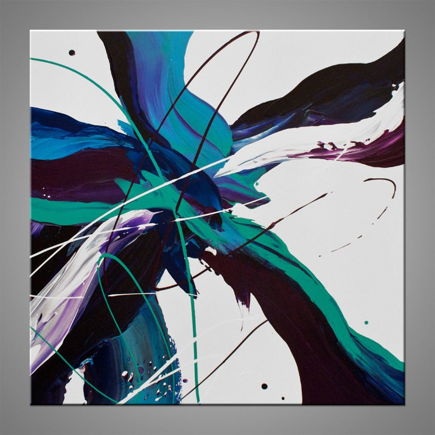 An abstract painting featuring purple, white, blue and green paint