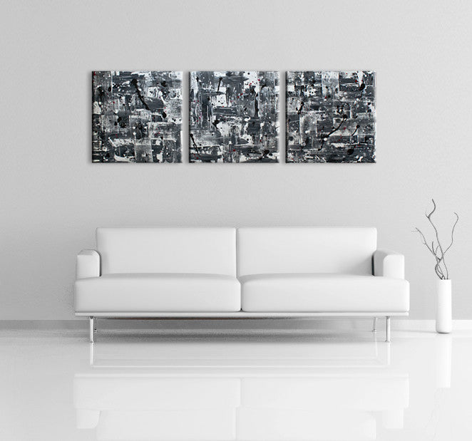 Modern home designs - Image of a 3 panel grey, white and black modern abstract painting