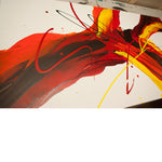 Close up image of a large, feature abstract painting created with flowing red, brown, orange and yellow acrylic paints