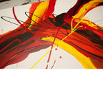 Close up image of a large, feature abstract painting created with flowing red, brown, orange and yellow acrylic paints