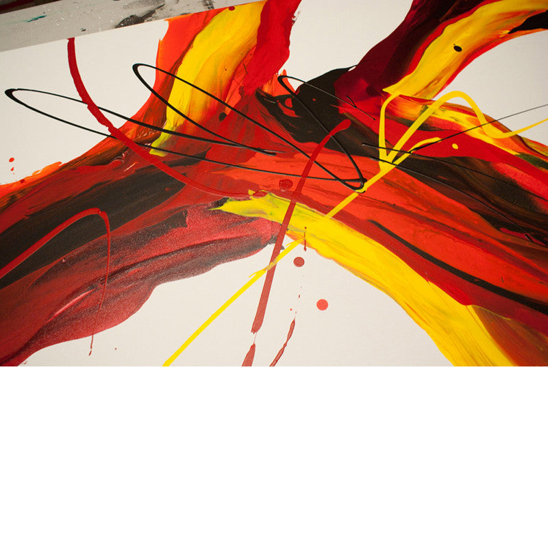 Close up image of a large, feature abstract painting created with flowing red, brown, orange and yellow acrylic paints