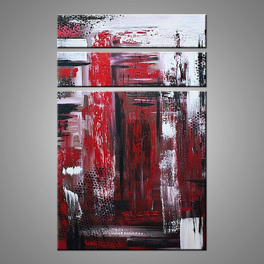 A multi-paneled abstract painting featuring the colours red, black and white.
