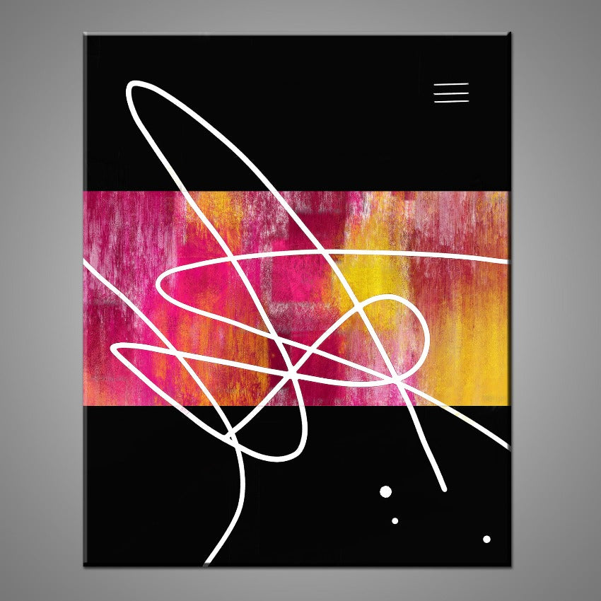 A modern abstract painting featuring the colours black, pink, yellow, black and white. 