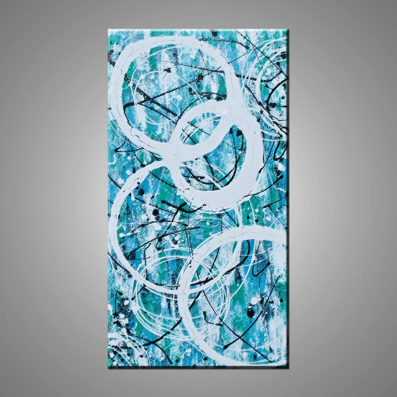 An abstract painting featuring a turquoise  background with white circles and a black streaks of acrylic paint. 