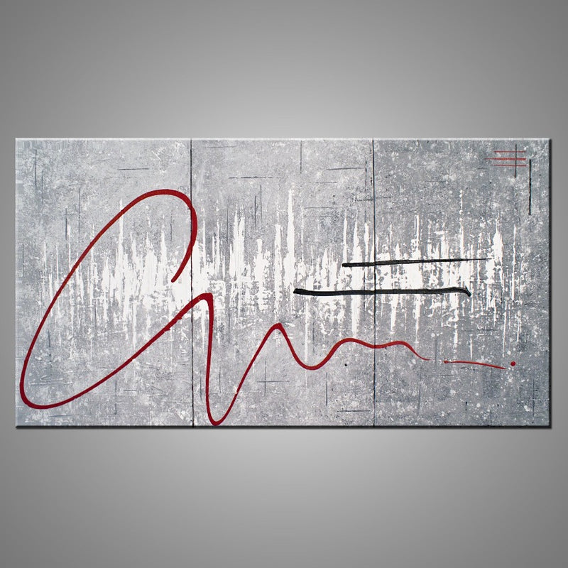 A modern abstract painting featuring silver background, a red squiggle, and 2 black horizonal lines.  