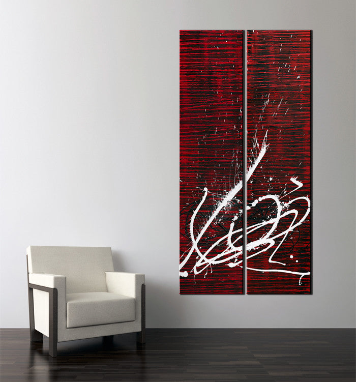 Abstract art work - Image of a 2 panel red and black striped abstract painting