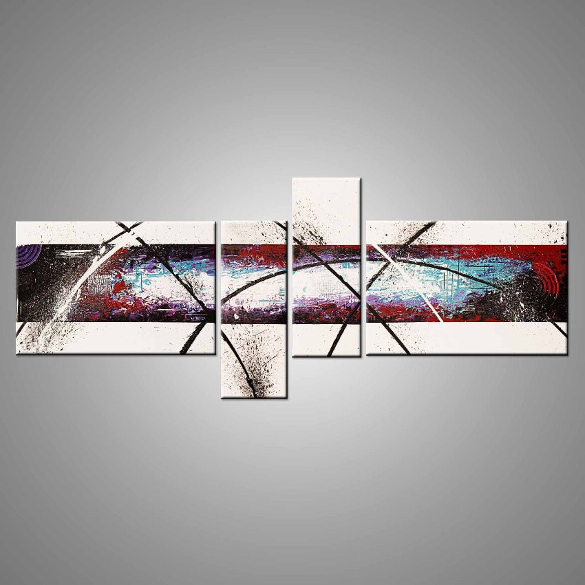 A multi-paneled, abstract painting featuring the colours red, black and blue.