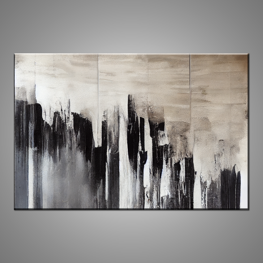 An abstract painting featuring gold, black and cream colors