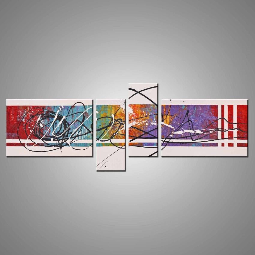 A multi-paneled, abstract painting featuring a variety of colours.