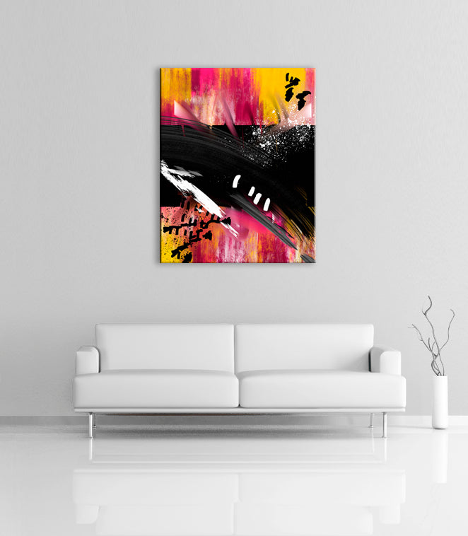 A modern abstract painting featuring the colours black, gray, yellow, pink and white. Displayed over a couch.