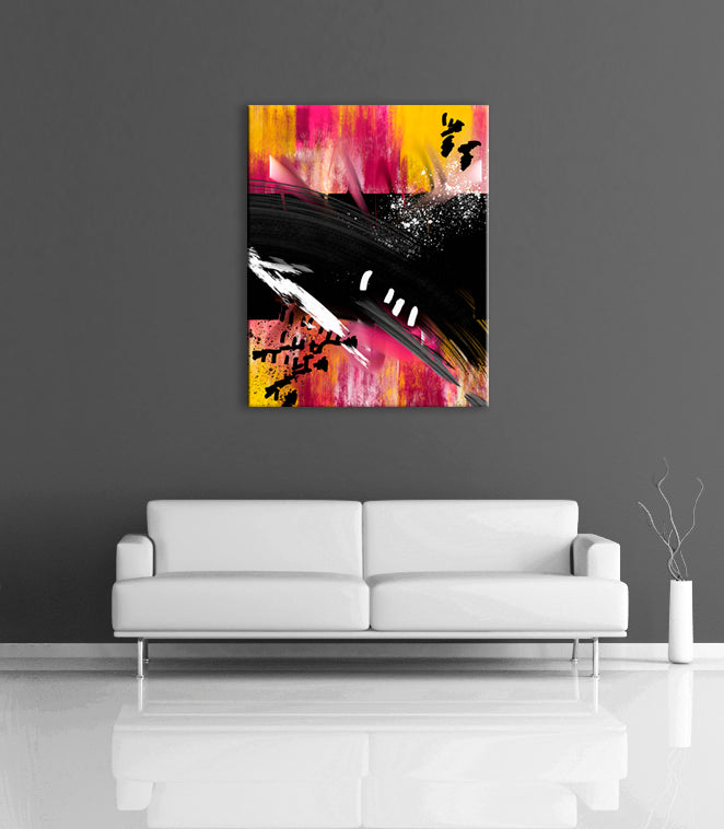 A modern abstract painting featuring the colours black, gray, yellow, pink and white. Displayed on a wall.