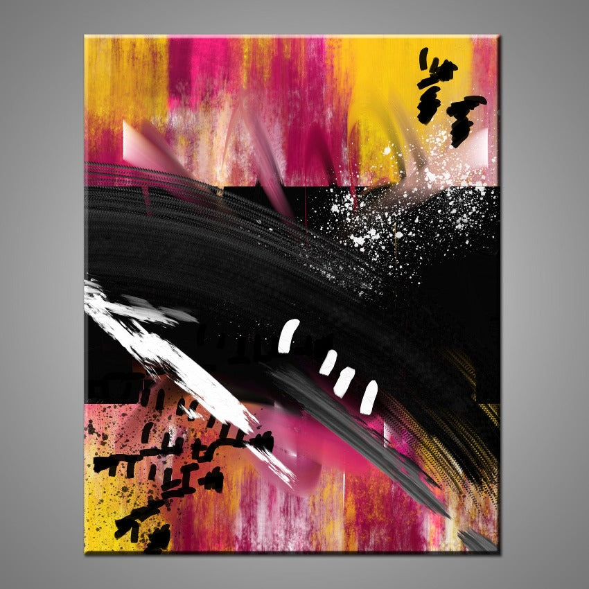 A modern abstract painting featuring the colours black, gray, yellow, pink and white.