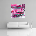 A modern abstract painting featuring pink, white and turquoise acrylic paint above a couch