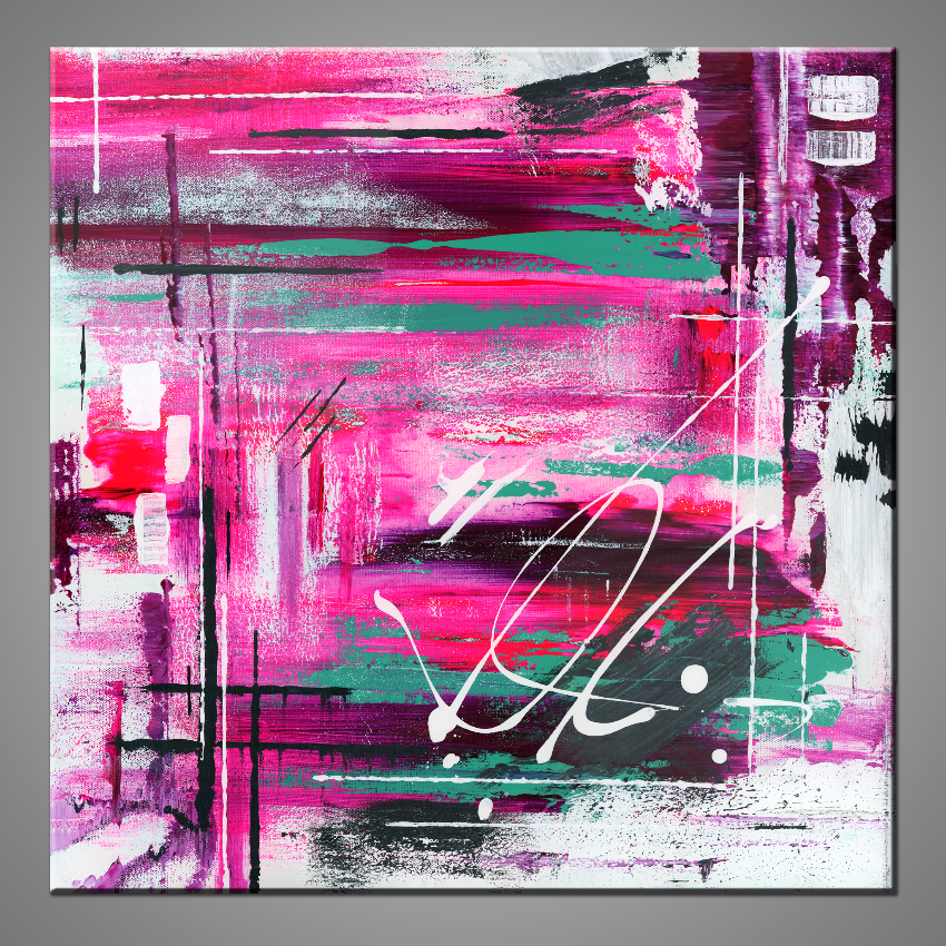 A modern abstract painting featuring pink, white and turquoise acrylic paint.