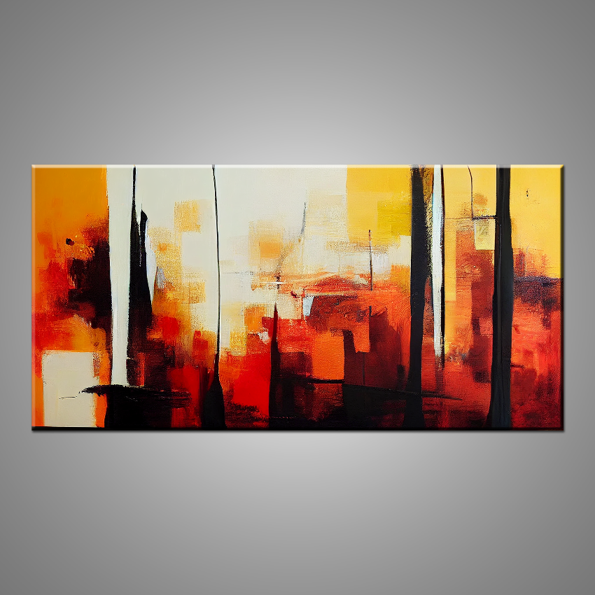 A modern abstract painting featuring orange, yellow, black and red.