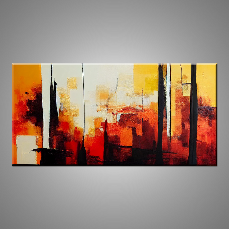 A modern abstract painting featuring orange, yellow, black and red.