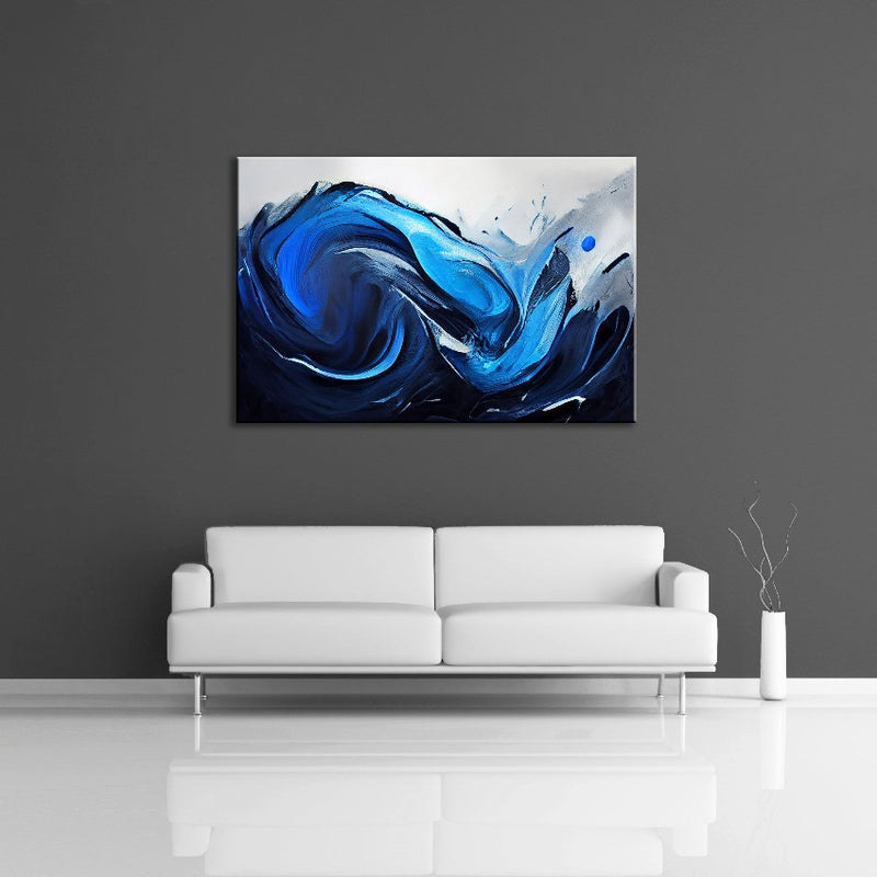 An abstract painting featuring blue and white paint displayed on a gray wall. 