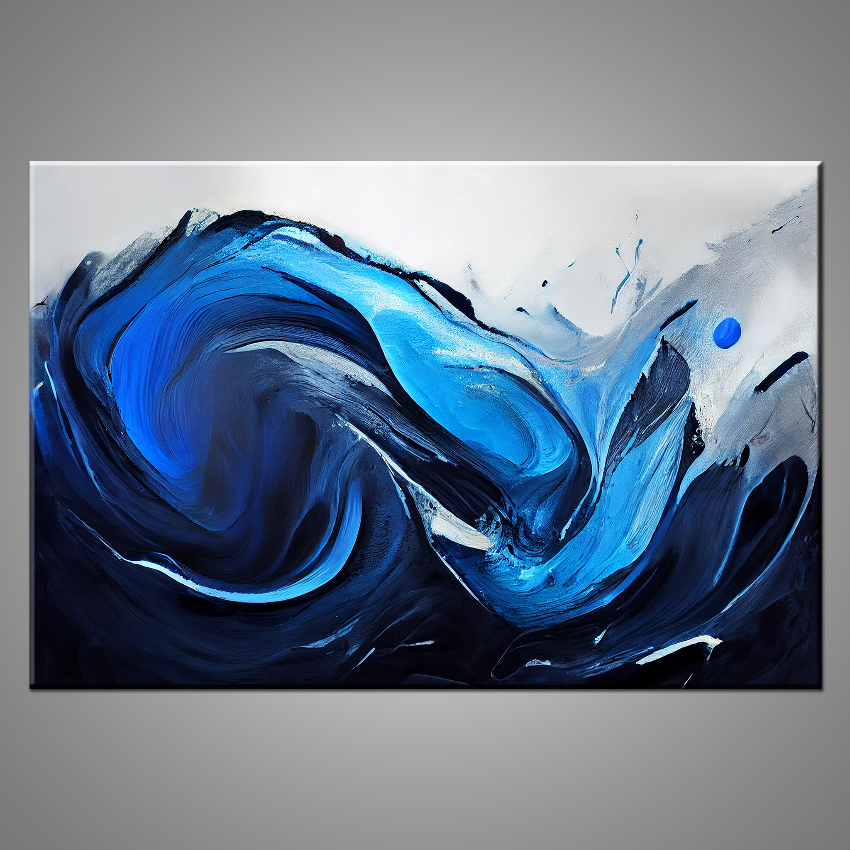 An abstract painting featuring blue and white paint