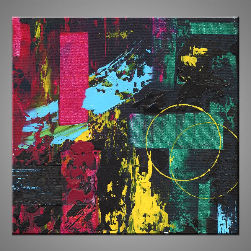 An abstract painting featuring black, green, pink, yellow and light blue paint.