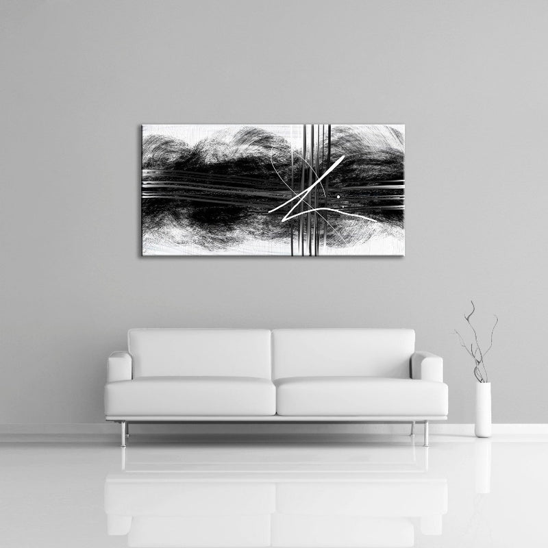 An modern abstract painting featuring black swirls on a white canvas displayed over a couch. 