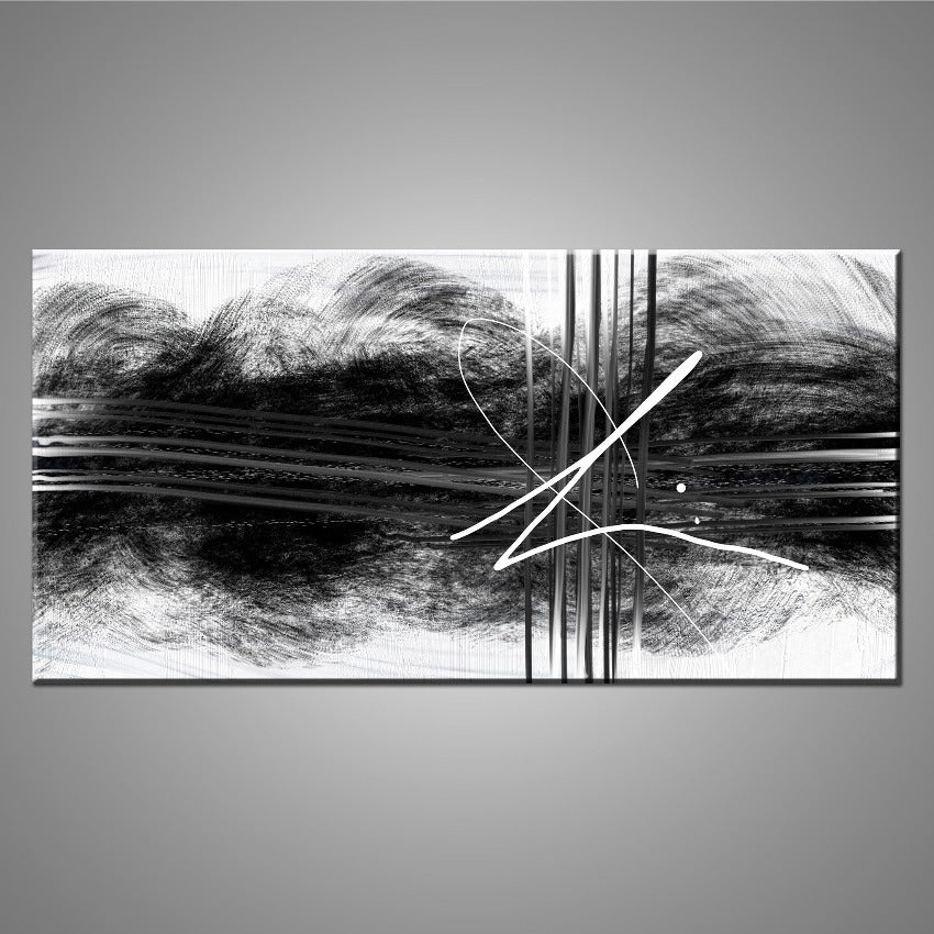 A modern abstract painting featuring black swirls over a white canvas.