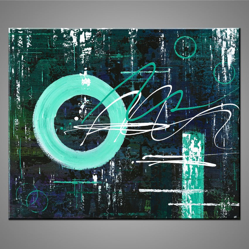 An abstract painting featuring light and dark green.
