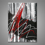 A modern abstract painting featuring the colors black, white, gray and red.