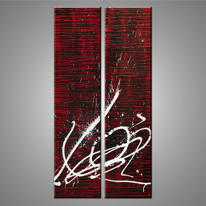 A multi-paneled, modern abstract painting featuring the colors red, black and white. 
