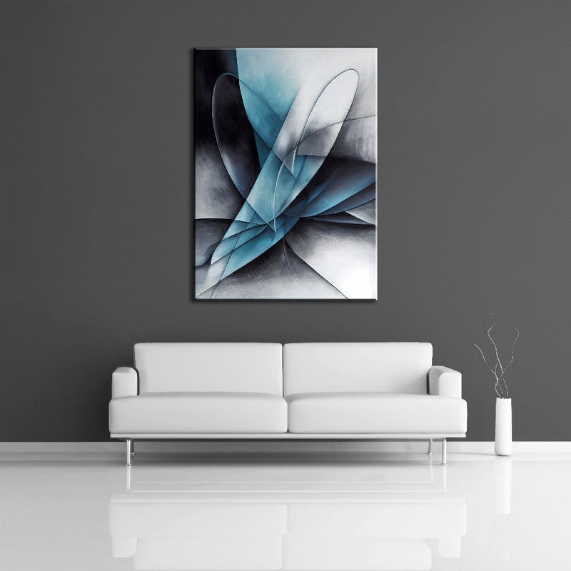 A modern abstract painting featuring the colors blue, gray and white. Displayed on a wall. 
