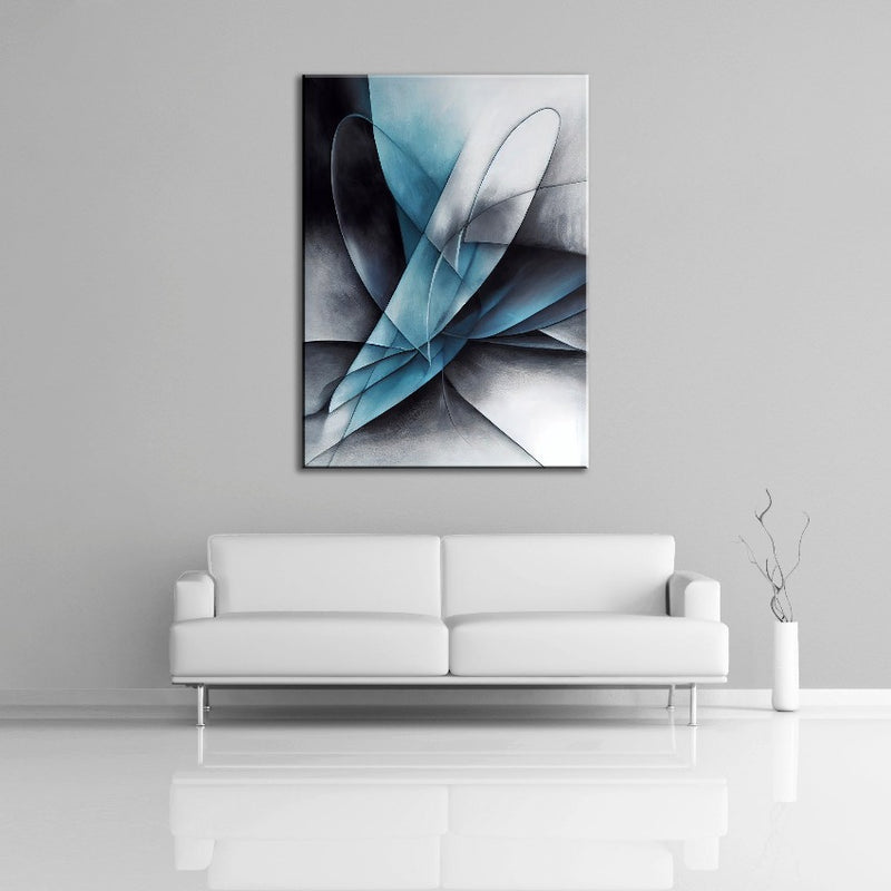 A modern abstract painting featuring the colors blue, gray and white. Displayed over a couch
