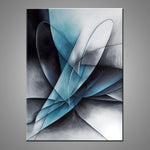 A modern abstract painting featuring the colours blue, gray and white.