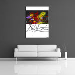 A modern abstract painting featuring the colours red, black, yellow, purple and white. Displayed on a wall.