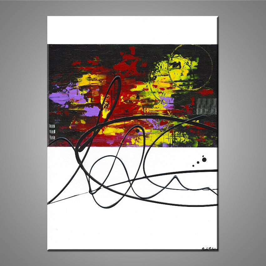 A modern abstract painting featuring the colours red, black, yellow, purple and white.