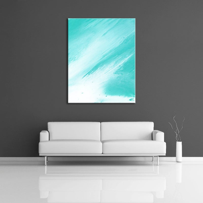 A contemporary abstract painting featuring the colours green and blue. Displayed on wall. 