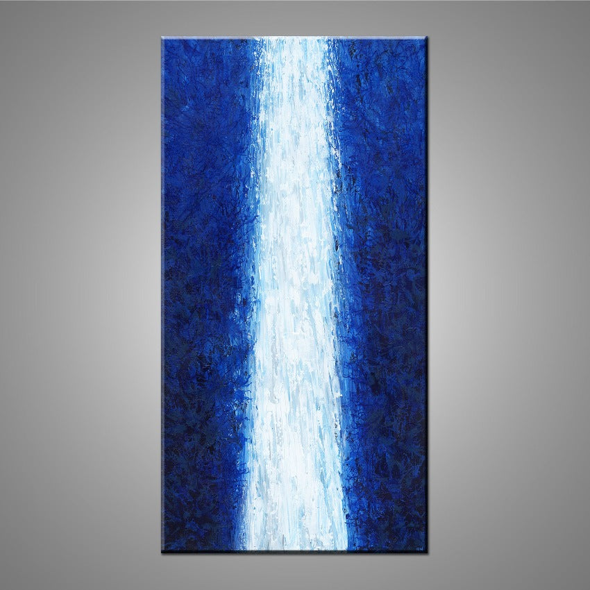 A modern abstract painting featuring the colours blue and white.