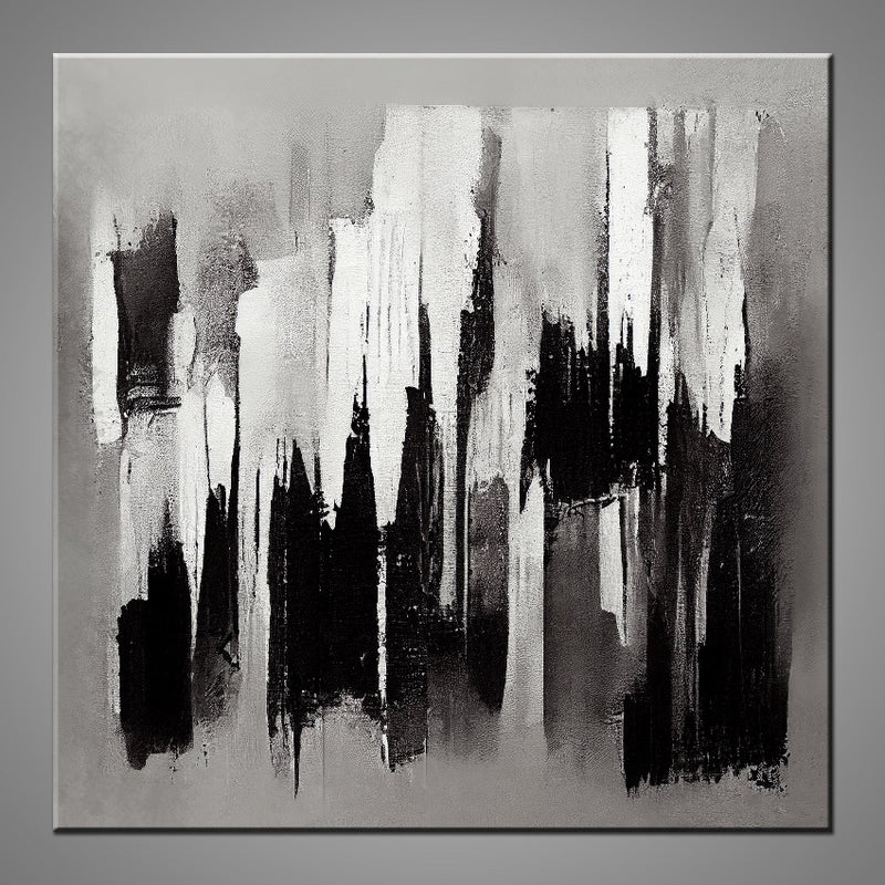 An abstract painting featuring the colours gray, black and white.