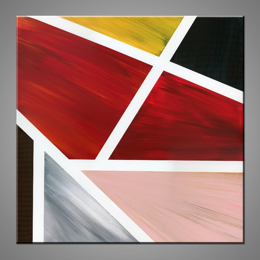 A geometric abstract painting featuring the colours black, red, yellow pink and brown.
