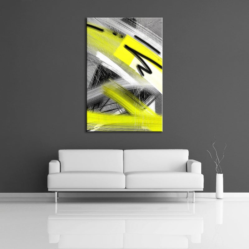 A modern abstract painting featuring the colours neon yellow, black, white and gray. Displayed on a wall.