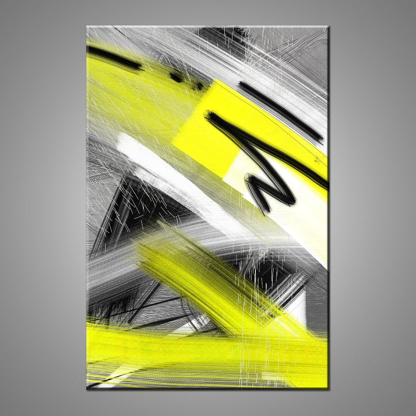 A modern abstract painting featuring the colours black, neon yellow, white and gray.