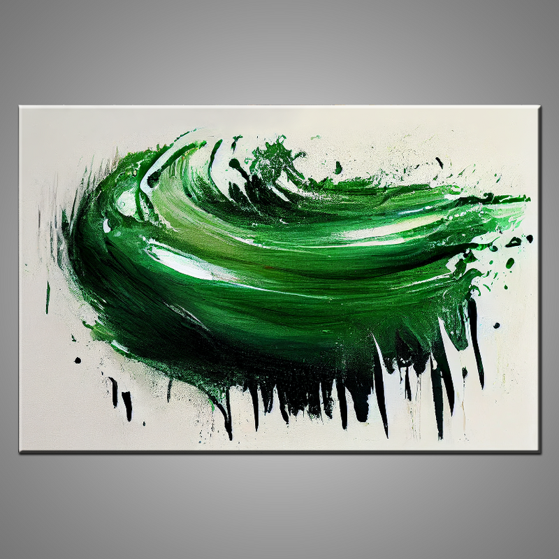 An abstract painting featuring the colours cream, light and dark green over white.
